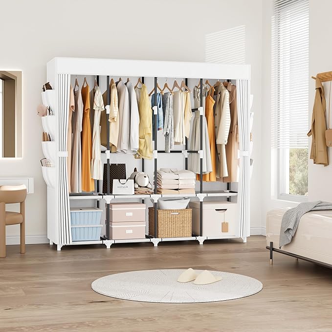 Portable Closet for Hanging Clothes, 67 Inch Wide Portable Wardrobe Closet with Cover, 4 Hanging Rod, Storage Shelves and Sid