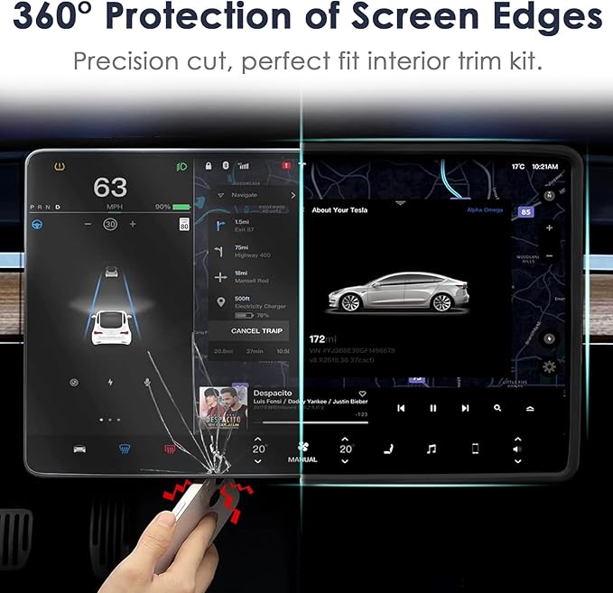 2PCS Protector Trim Frame Compatible with Tesla Model 3 Y 2020-2024 2025 2026 Screen Edge Frame Rearview Mirror Cover Interior Decorations Center Console Decor Highland Juniper Accessories Set (Black)