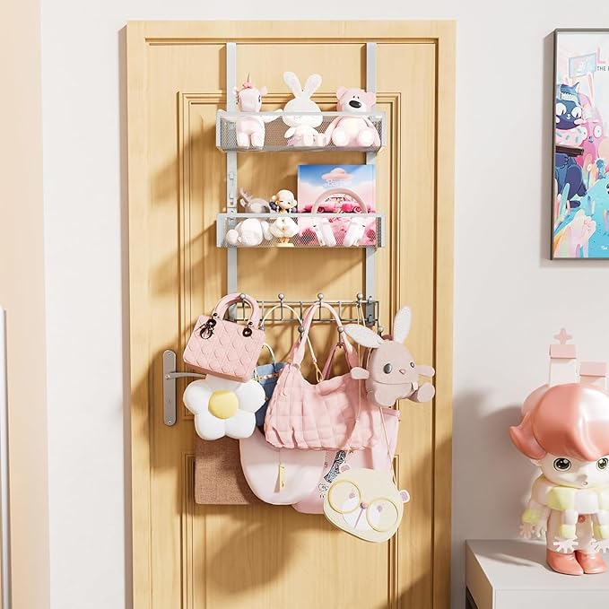 Consumest Over The Door Hooks Organizer - Extra Long Door Hanger with 9 Coat Hooks & 2 Mesh Basket, Back Storage Organizer Ha