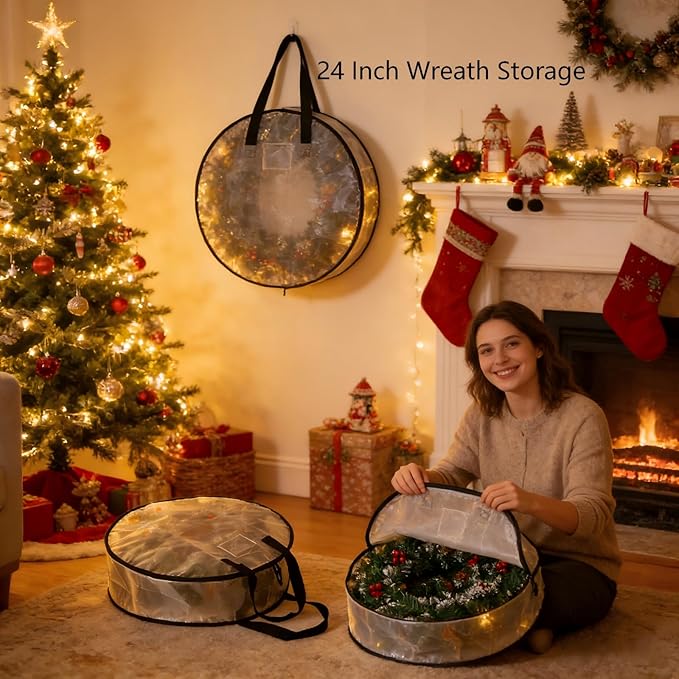 4 Pack Wreath Storage Bag, Summer, Christmas Decoration Garland Container, 24 Inch Clear Door Wreath Organizers, Moving Boxes
