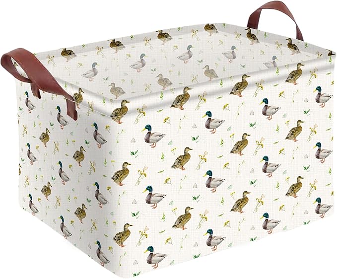 Cute Mallard Duck Storage Basket Waterproof Canvas Toy Storage Bin Mallard Duck Room Decor Collapsible Outdoor Basket with Le