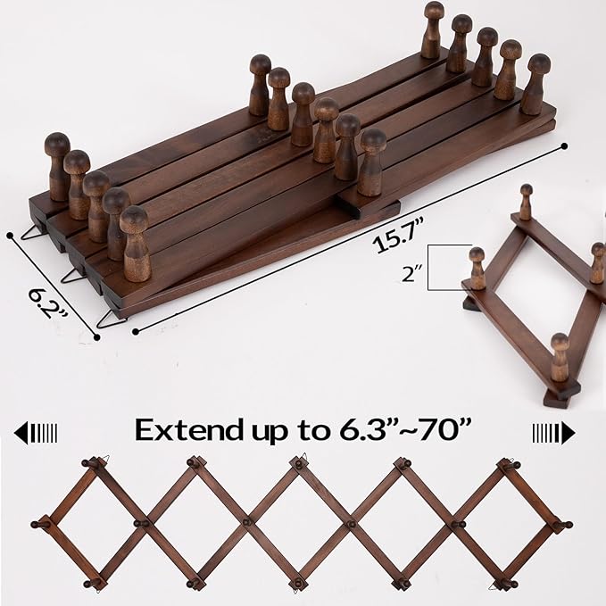 SCUNDA Hat Rack for Wall, Expandable Wall Hat Holder with 16 Hooks, 16 inch Wooden Wall Hook for Baseball Caps,Cowboy, Bag,Ho