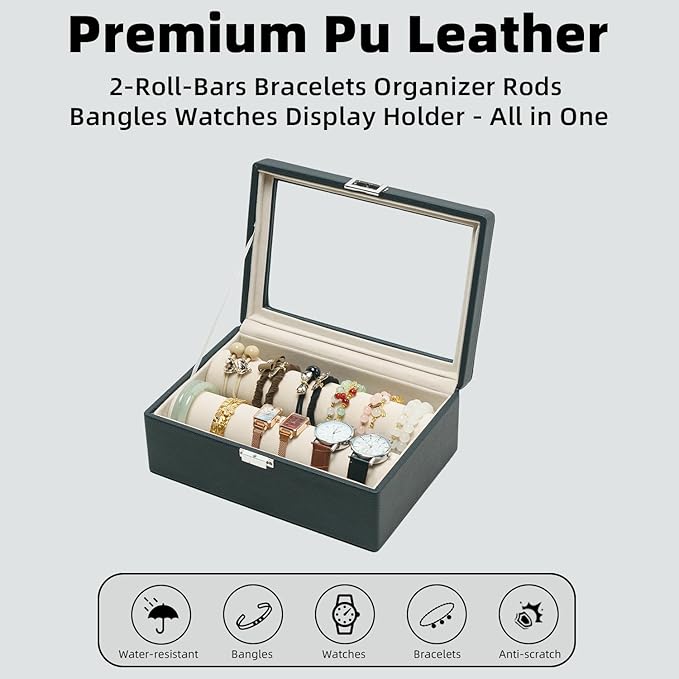 Bracelets Organizer Rods Bangles Display Holder, Clear See through Lid Leather Velvet Jewelry Storage Box Case for Women, 2 R