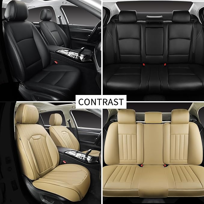 Beige Leather Seat Covers, 5 Seats Universal Car Seat Covers Full Set, Waterproof Automotive Seat Covers Breathable Front and