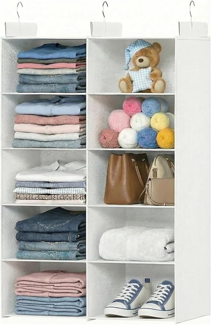 ALLTIDYUP White 5-Tier Hanging Closet Storage Organizer - Space-Saving Dual-Row Foldable Shelves with 3 Hooks, Wardrobe Organ