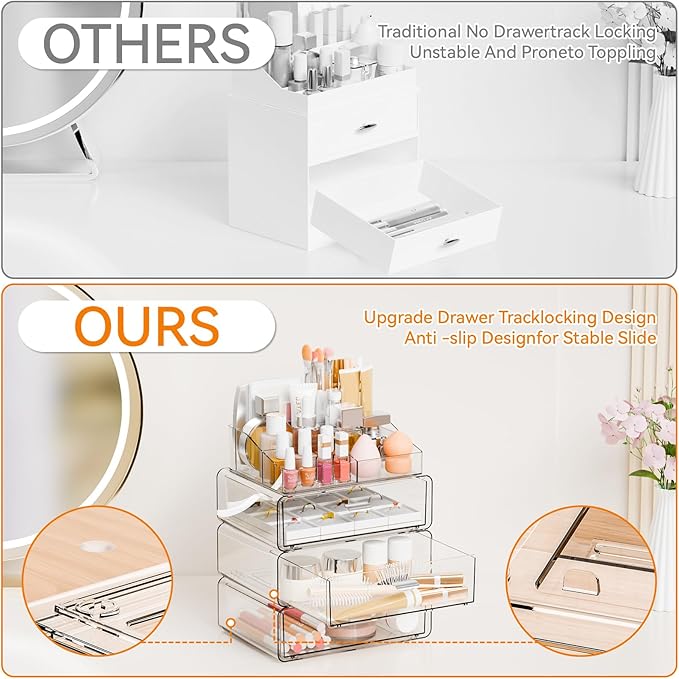 Yieach 4 Tier Clear Acrylic Makeup Organizers with Drawers,Tiered Countertop Make up Storage Organizer for Dresser Top and Ba