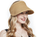 Sun Visor Hat for Women, Wide Brim Straw Summer UV Protection Hat, Foldable Roll-up Packable Beach Cap
