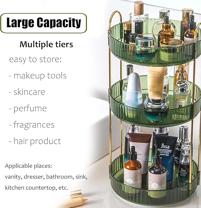 Rotating Makeup Organizer Countertop 3 Tier Lazy Susan Trays Clear Skincare Perfume Storage for Bathroom Counter Vanity, Gree
