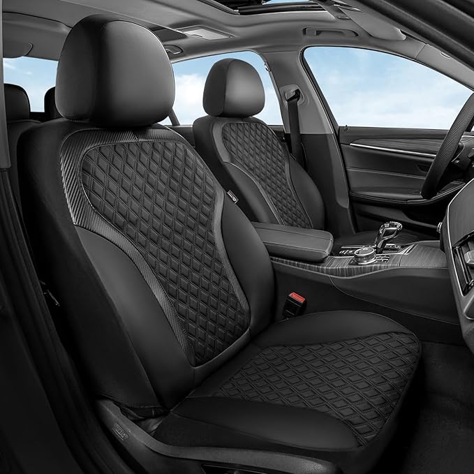 Coverado Front Seat Covers, 2-Pack Luxury Diamond Leather Car Seat Cover with Carbon Fibre Weave Design, Waterproof Car Seat 