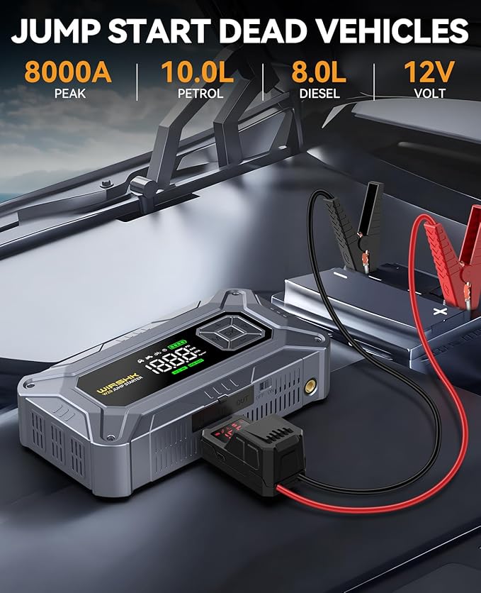 Jump Starter with Air Compressor, 8000A 160PSI Car Jump Starter (8.0 Gas/10.0L Diesel), 12V Battery Jump Starters, Portable