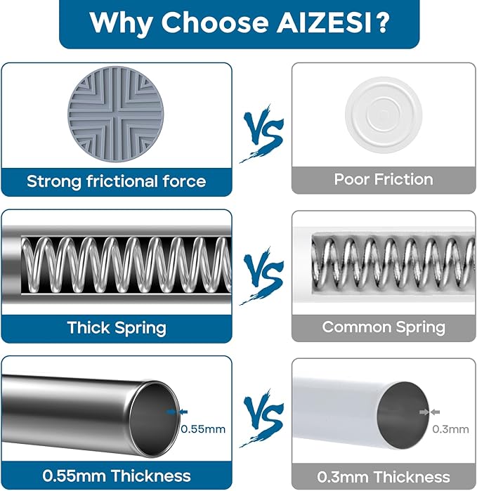 AIZESI Silver Adjustable Tension Curtain Rod, 31-63 Inch Spring No Drill Stainless Steel Shower Rods for Bathroom，Closet ，Win