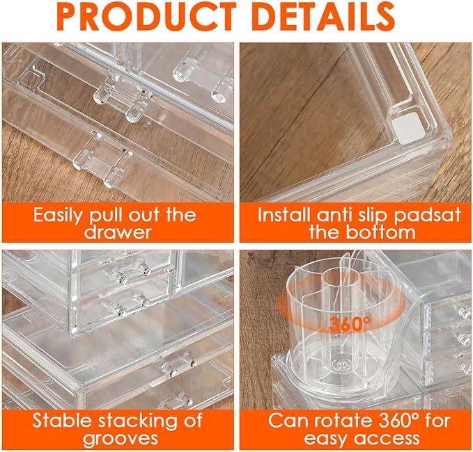 OTYMIOW 3 Tier Clear Acrylic Makeup Organizer Countertop with Brush Holder and 9 Drawers, Bathrooms, Stackable Large Makeup O