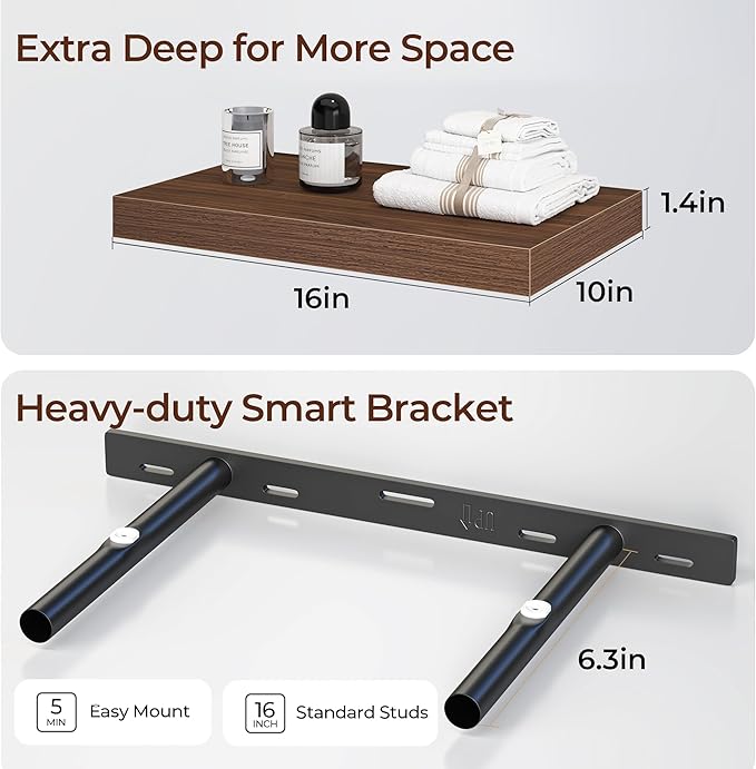 Fun Memories Floating Shelves for Wall 16 Inch Set of 3, Farmhouse Floating Shelves with Invisible Heavy Duty Bracket, 10 Inc