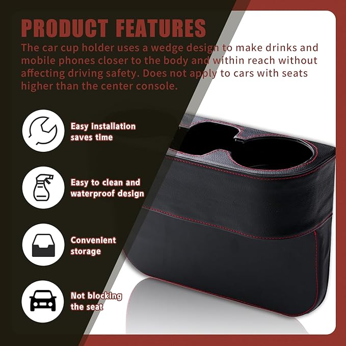 Car Cup Holder, PU Leather Auto Front Seat Organizer, Multifunctional Cup Drink Holders, Gap Filler Storage Box Coin Bucket Console Side Pocket Cell Mobile Phone Holder (Black)