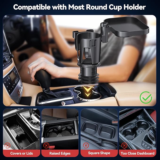 KDD Car Cup Holder Expander - 3 in 1 Cup Holder Adapter with Adjustable Base - Detachable Phone Holder & 360° Rotation Food T