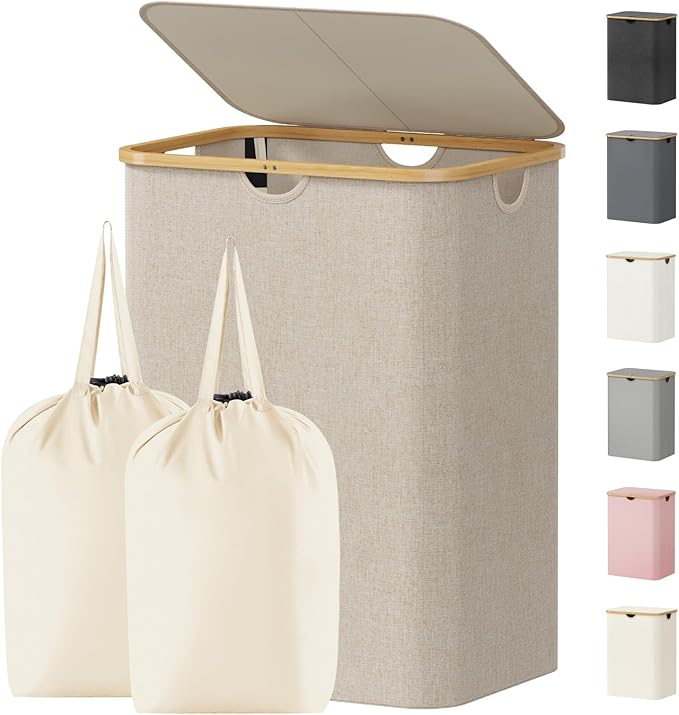 Lifewit 150L Laundry Basket with Lid, Clothes Hampers for Laundry with Bamboo Handles and 2 Removable Bag, Large Foldable Lau