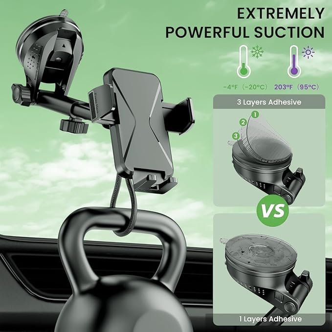 Universal Car Phone Mount Holder - [Military-Grade Suction Cup & Secure Clip] 3-in-1 Windshield, Dashboard, Air Vent Car Phone Mount Compatible with All iPhone & Smartphones