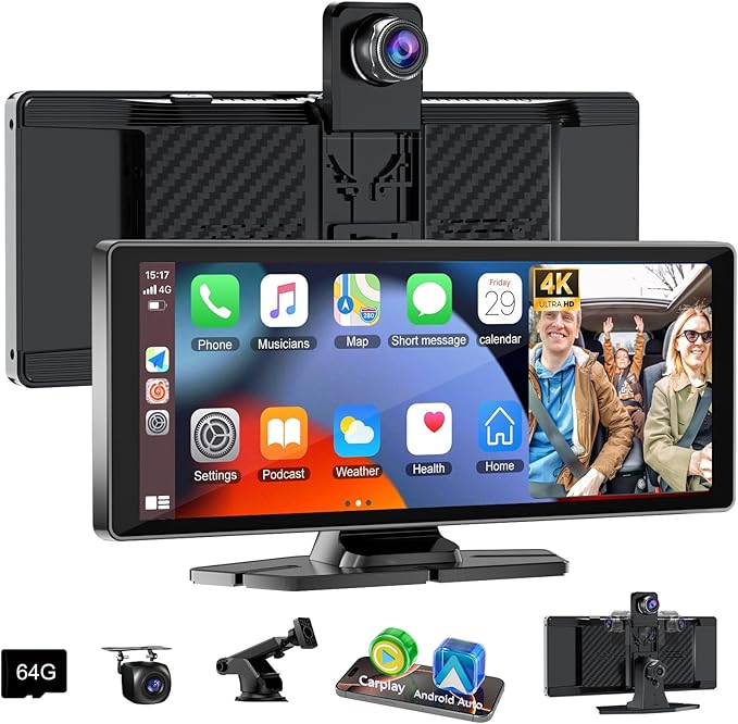 Carplay Screen for Car,10.26" HD Car Stereo for Apple Carplay & Android Auto -with Rotatable 4K Dash Cam & HD Backup Camera, 