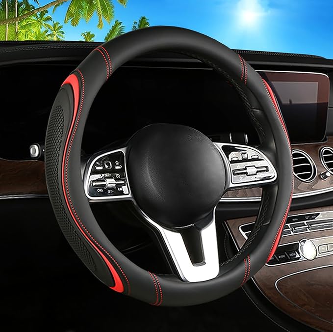 Leather Splicing Black Red Car Steering Wheel Cover,14.5-15 Inch Universal Microfiber Leather Covers Breathable Anti-Slip Odo