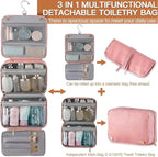 Elviros Hanging Travel Toiletry Bag for Women, 3-in-1 Large Makeup Bag and Cosmetic Organizer, Vegan Leather Waterproof Skinc