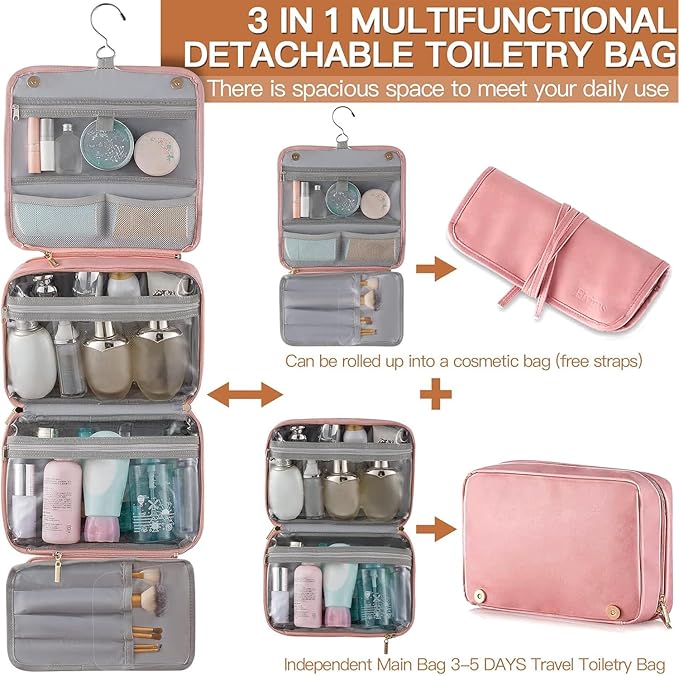 Elviros Hanging Travel Toiletry Bag for Women, 3-in-1 Large Makeup Bag and Cosmetic Organizer, Vegan Leather Waterproof Skinc