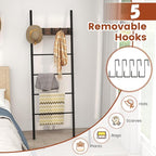 S AFSTAR Wall Leaning Blanket Ladder, 5-Tier Ladder Shelf with 5 Removable Hooks, Industrial Blanket Holder Rack, Drying and 