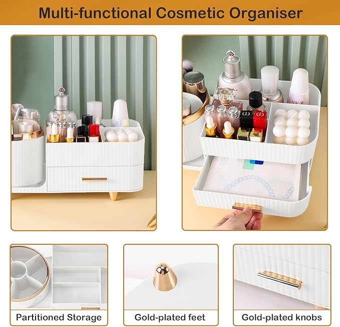 Rotating Makeup Organizer for Vanity with Brush Holder and Drawer, Cosmetic Makeup Storage, Large Spinning Makeup Skincare Or
