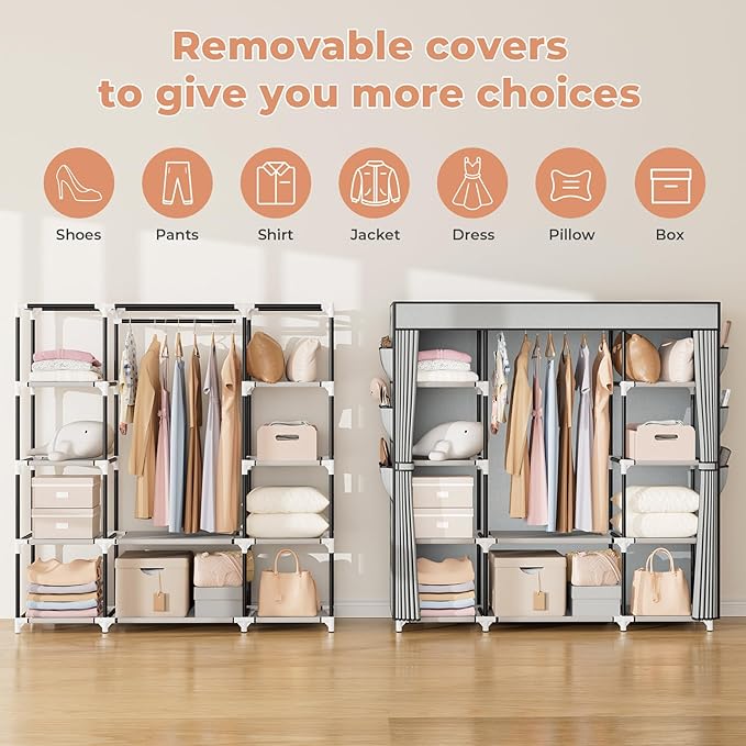 VTRIN Portable Closet Wardrobe for Hanging Clothes 57.3 Inch Large Capacity Clothes Rack with Cover, 10 Storage Organizer She