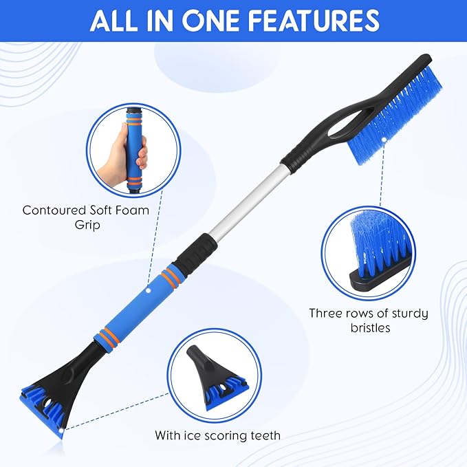 27"-33" Snow Brush and Detachable Ice Scraper with Ergonomic Foam Grip Scalable Range 27" Winter Accessories for Cars Trucks SUV(Blue)