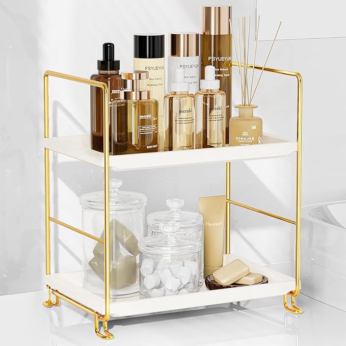 FSyueyun 2-Tier Bathroom Countertop Organizer, Tool-Less Premium Plastic Makeup Organizer - Bathroom Tray for Perfume, Skinca