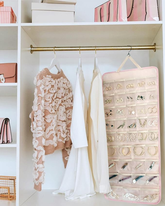 BAGSMART Hanging Jewelry Organizer Storage Roll with Hanger Metal Hooks Double-Sided Jewelry Holder for Earrings, Necklaces, 