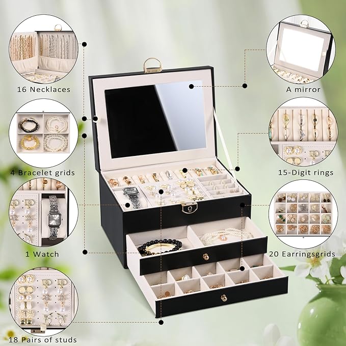 3 Layer Jewelry Boxes for Women with Mirror Large Jewelry Holder Organizer with 2 Jewelry Organizer Drawer PU Lockable Elegan