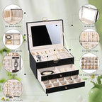3 Layer Jewelry Boxes for Women with Mirror Large Jewelry Holder Organizer with 2 Jewelry Organizer Drawer PU Lockable Elegan