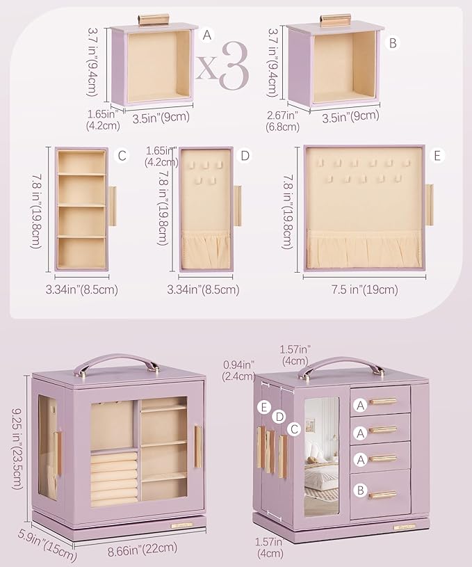Homde Jewelry Box 360° Rotating, Necklace Earring Organizer with Transparent Window, Mirror, 7 Drawers, Large Ring Display St