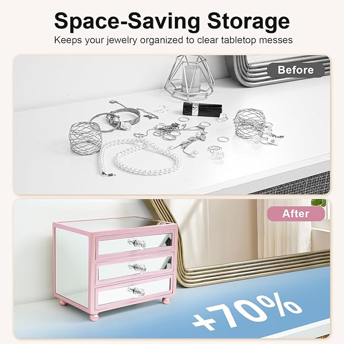 Gifturbo Pink Jewelry Box for Women Girl Wife 3 Layers Large Mirror Glass Jewelry Organizer Storage Case with Three Drawers D