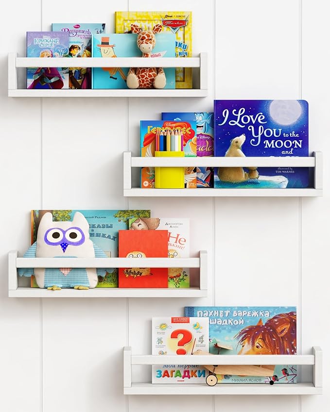 Forbena Floating Nursery Book Shelves for Wall Set of 4, White Wall Bookshelf for Kids Room, Small Wood Book Shelf Bookshelve