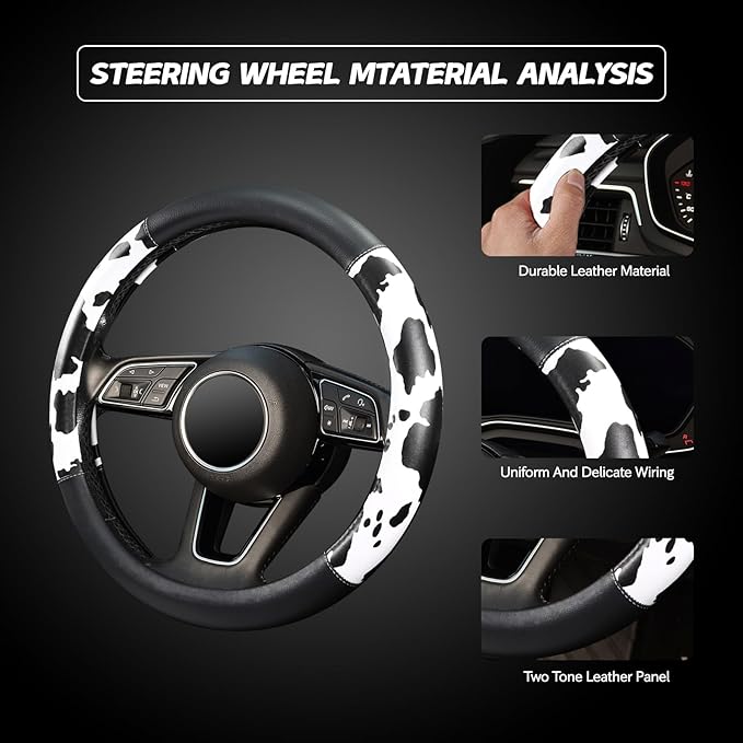 ZHOL Cow Print Steering Wheel Cover, Universal Fit 14.5-15 inch Premium Microfiber Leather Steering Wheel Protector for Cars/