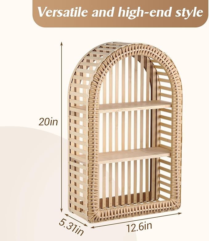 Pinkunn 20'' x 12'' 3 Tier Rattan Wall Shelf Boho Arch Hanging Shelves Arched Wall Mounted Wicker Shelf Decorative Farmhouse 