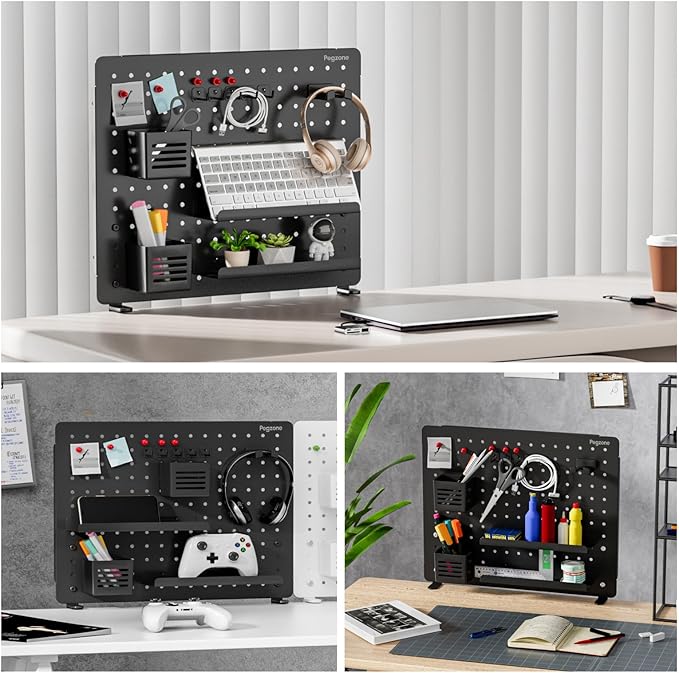 PEGZONE Clamp-on Desk Pegboard, Desk Organizer for Office Gaming Home, Magnetic Metal Peg Board with 15 Accessories, Privacy 