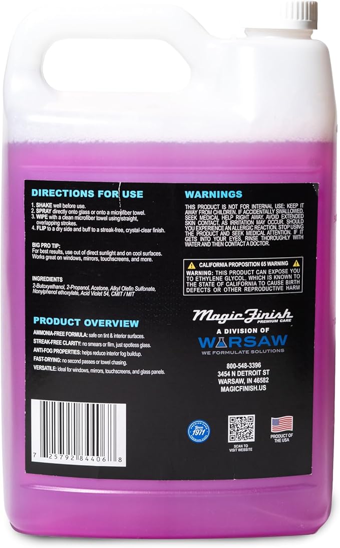 Magic Finish Car Glass Cleaner (1 Gallon) – Ammonia-Free Window Cleaner Spray for Interior & Exterior Auto Glass – Anti-Fog, 