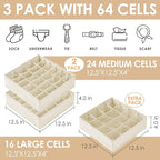 Criusia 3 Pack Sock Underwear Drawer Organizer Dividers, 64 Cell Fabric Foldable Cabinet Dresser Closet Organizers and Storag