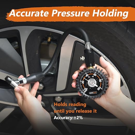 SAFELIFE Tire Pressure Gauge 100 PSI,Large Glow Dial & 45° Angle Chuck, Accurate Air Pressure Gauge for Tires