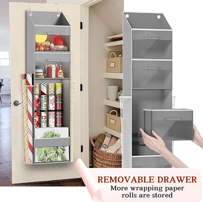 Light Grey Over Door Wrapping Paper Organizer Storage with 3 Removable Drawers & Side Pockets –Dual Use Design with Elastic S