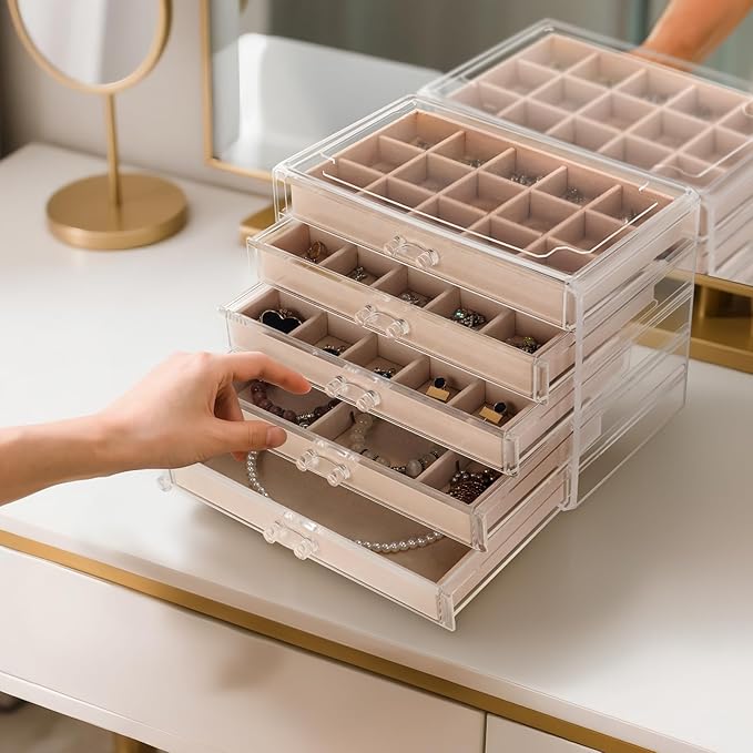 FEISCON Jewelry Box Organizer，Acrylic Storage Organizer with 5 Drawers Adjustable Velvet Trays grid size Jewelry Storage Box 
