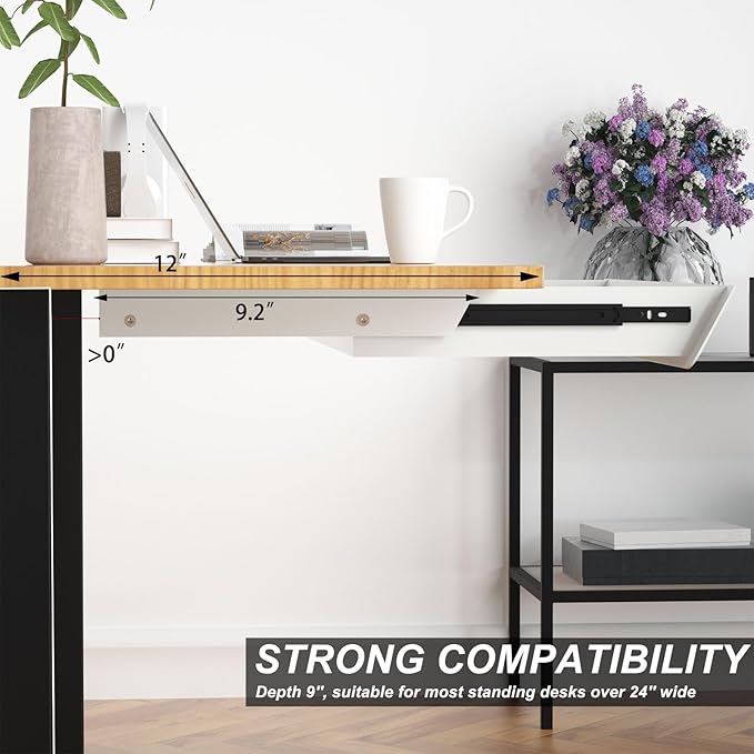 White Large Under Desk Mounted Sliding Drawer with 2 Cable Hole and 60 Degree Tilt Panel to Pull Out, 22.4'' Long & 9.2'' dee