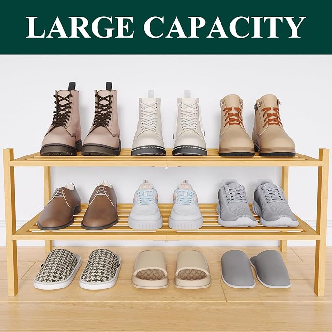 Smiry Bamboo Shoe Rack 2-Tier, Stackable Wooden Shoe Organizer for Entryway & Closet, Free Standing Wood Shoe Storage Shelf f