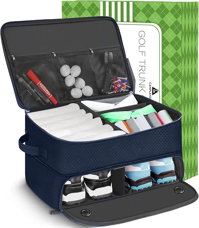 CAMPLAND 2 Layer Golf Trunk Organizer, Waterproof Car Locker for 2 Pair Shoes, Durable Storage for Balls, Tees, Clothes,