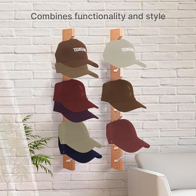 Solid Wood Hat Rack for Wall (2 Pack) - 20 Baseball Cap Organizer - Premium Beech Hat Holder & Vertical Display - Heavy Duty 