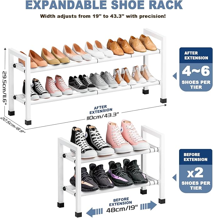 Mavivegue Expandable Shoe Rack, 2-Tier 19"-43.3" Adjustable Shoe Rack for Closet,Hall Entryway,Front Door,Garage, Sturdy Stee