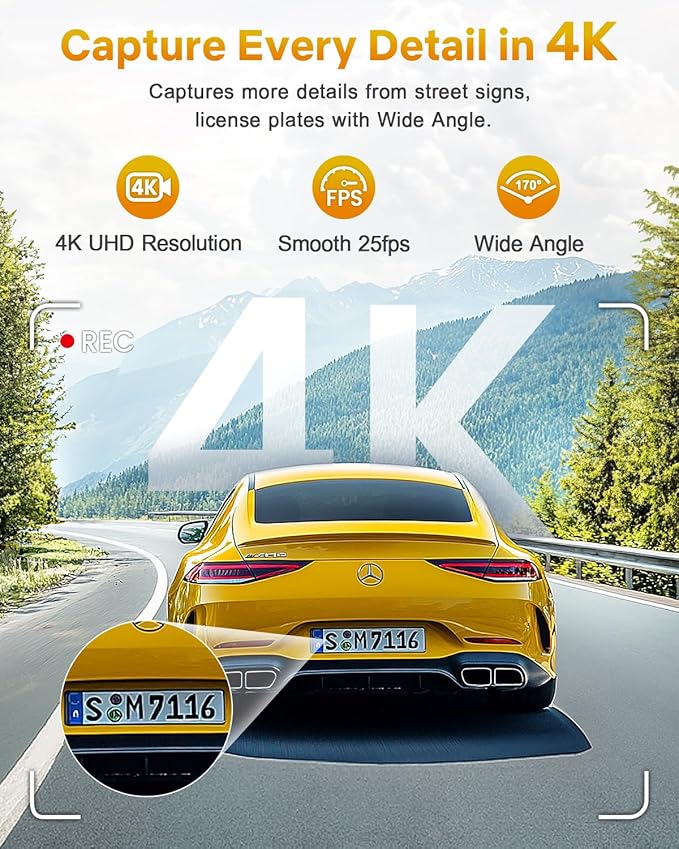 GKU 4K Dash Cam Front, Mini DashCam Includes 64GB Card, Dash Camera Built-in WiFi, 24H Parking Monitor,Night Vision,WDR,170° 